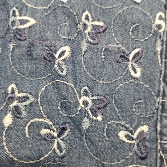Analogy Womens Medium Blue Denim White Floral Embroidery Button Front Jacket - Picture 10 of 11